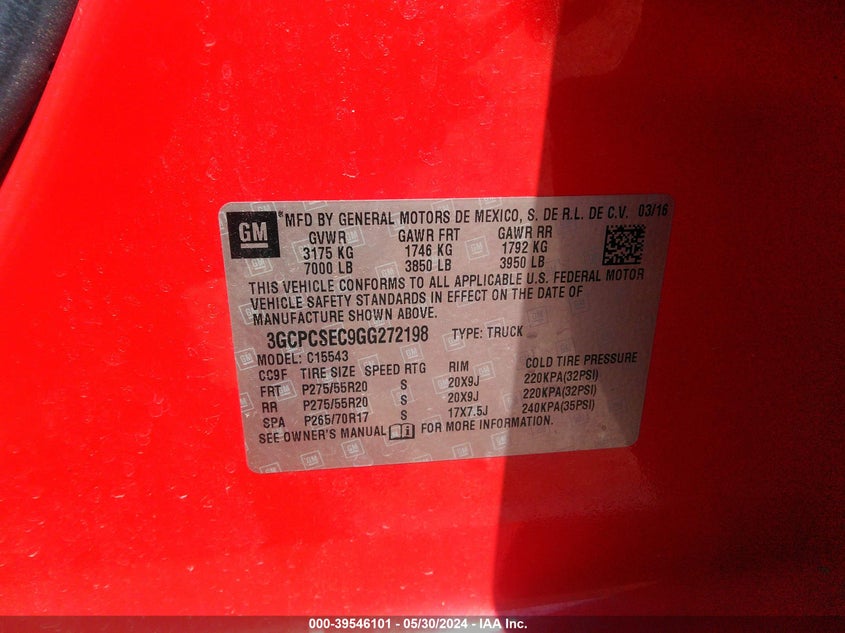 2016 Chevrolet Silverado 1500 1Lz VIN: 3GCPCSEC9GG272198 Lot: 39546101