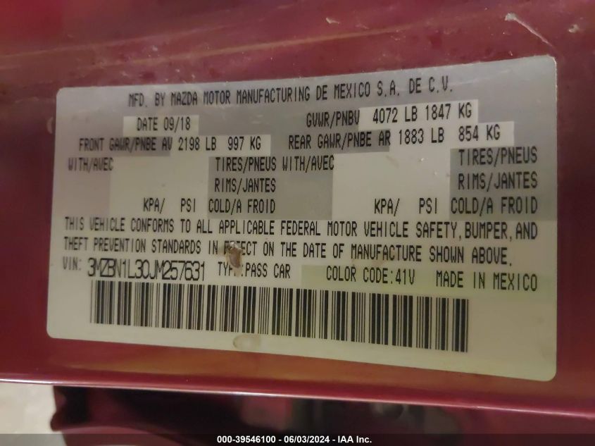 2018 Mazda Mazda3 Touring VIN: 3MZBN1L30JM257631 Lot: 39546100