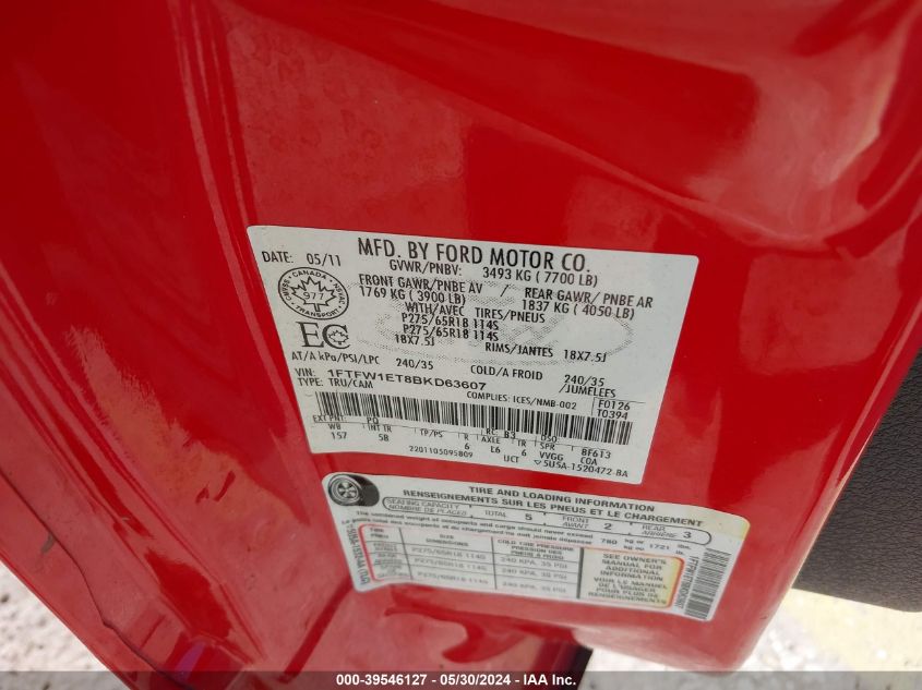 2011 Ford F-150 Fx4 VIN: 1FTFW1ET8BKD63607 Lot: 39546127