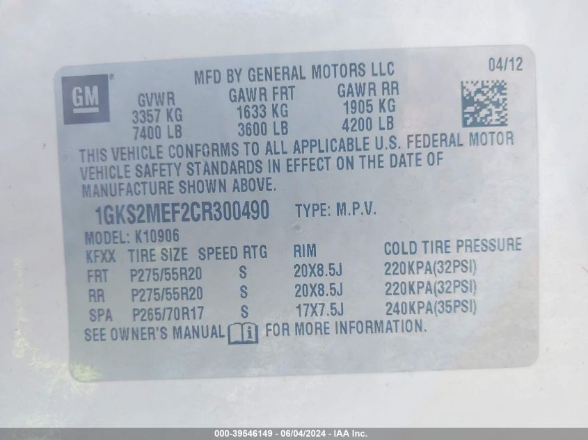 2012 GMC Yukon Xl 1500 Denali VIN: 1GKS2MEF2CR300490 Lot: 39546149