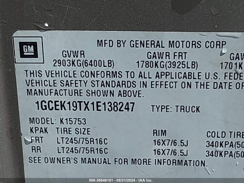 2001 Chevrolet Silverado 1500 Ls VIN: 1GCEK19TX1E138247 Lot: 39546151