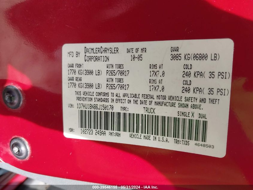 2006 Dodge Ram 1500 St VIN: 1D7HU18N86J150170 Lot: 39546155