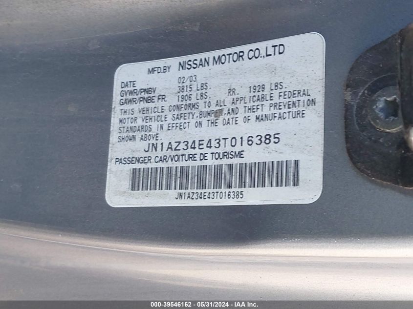 2003 Nissan 350Z Touring VIN: JN1AZ34E43T016385 Lot: 39546162