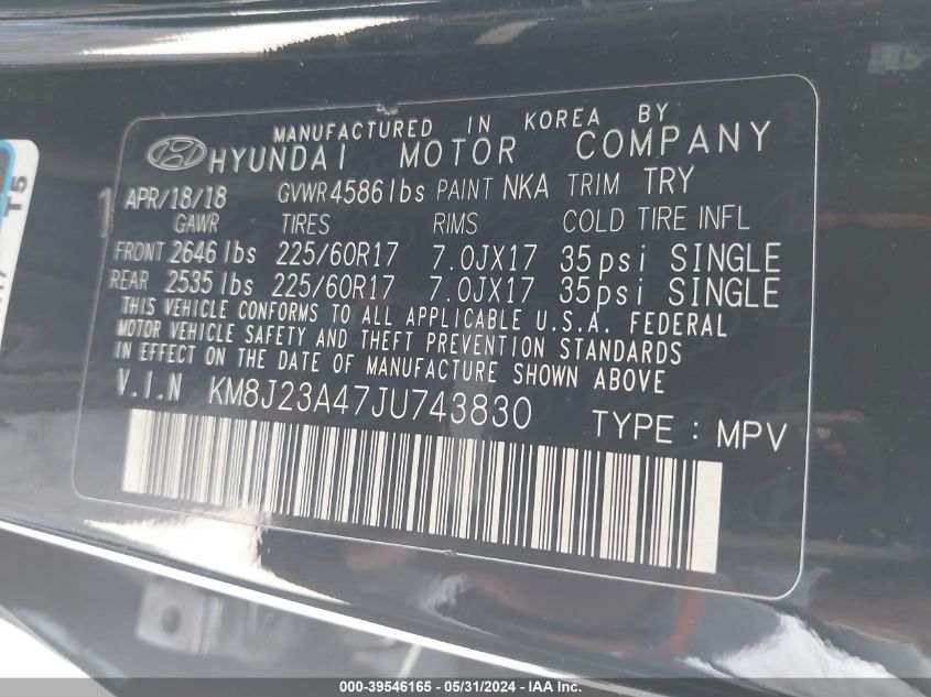 2018 Hyundai Tucson Se VIN: KM8J23A47JU743830 Lot: 39546165