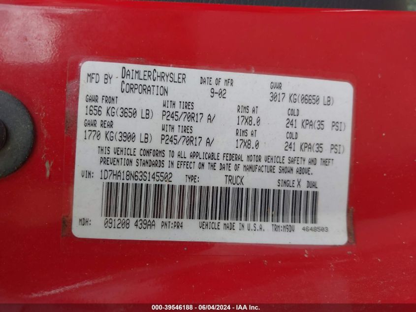 2003 Dodge Ram 1500 Slt/Laramie/St VIN: 1D7HA18N63S145502 Lot: 39546188