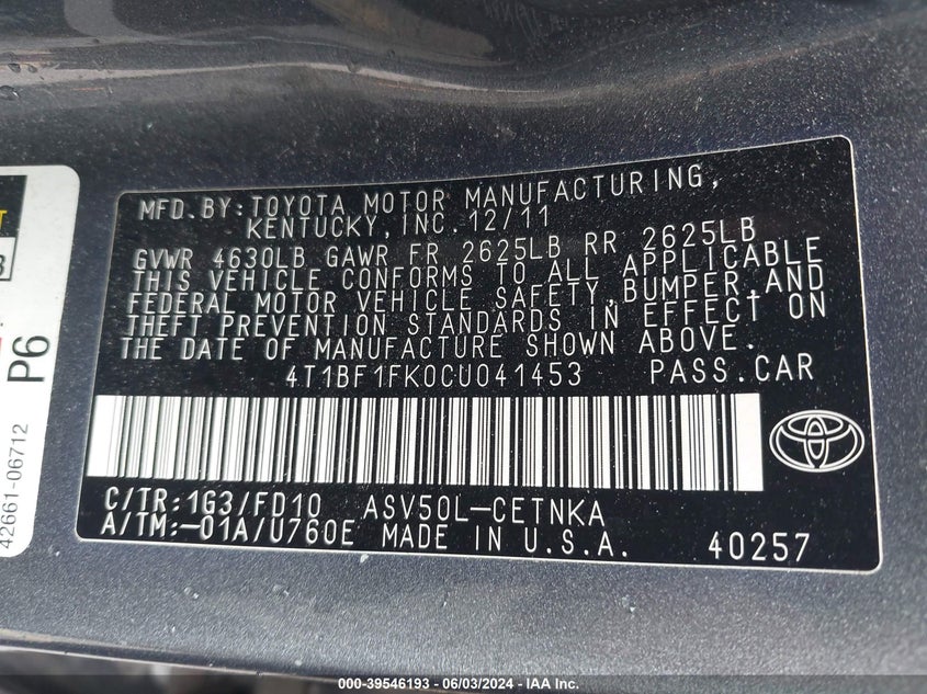 2012 Toyota Camry Le VIN: 4T1BF1FK0CU041453 Lot: 39546193