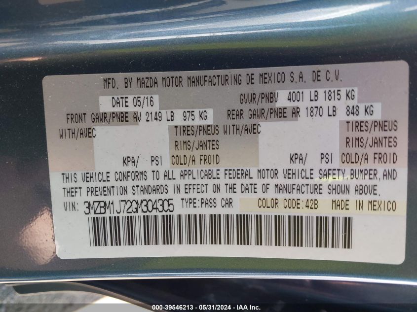 2016 Mazda Mazda3 I Sport VIN: 3MZBM1J72GM304305 Lot: 39546213