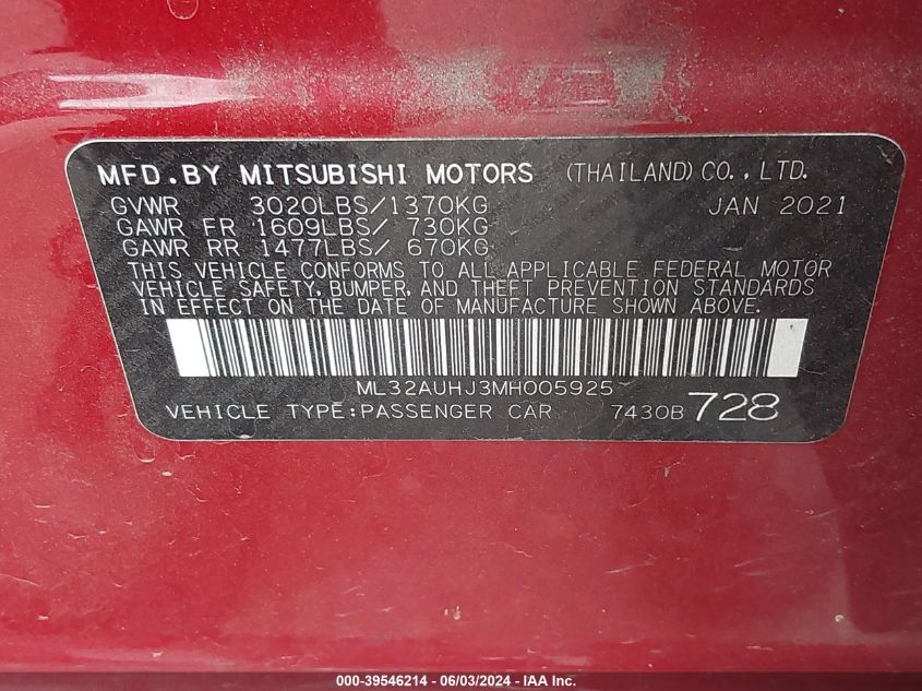 2021 Mitsubishi Mirage Es/Le/Carbonite Edition VIN: ML32AUHJ3MH005925 Lot: 39546214