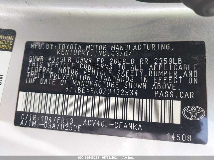 2007 Toyota Camry Le VIN: 4T1BE46K87U132934 Lot: 39546231