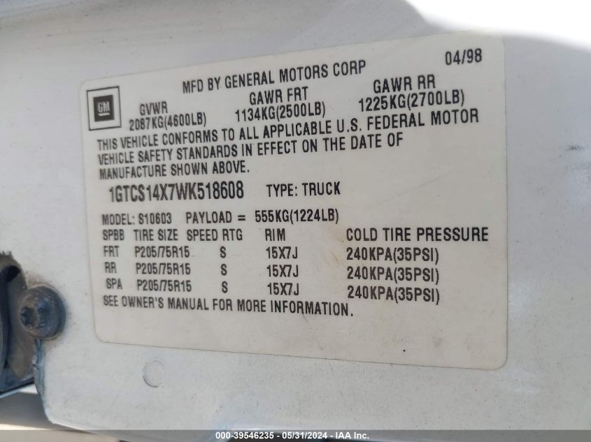 1998 GMC Sonoma Sl VIN: 1GTCS14X7WK518608 Lot: 39546235
