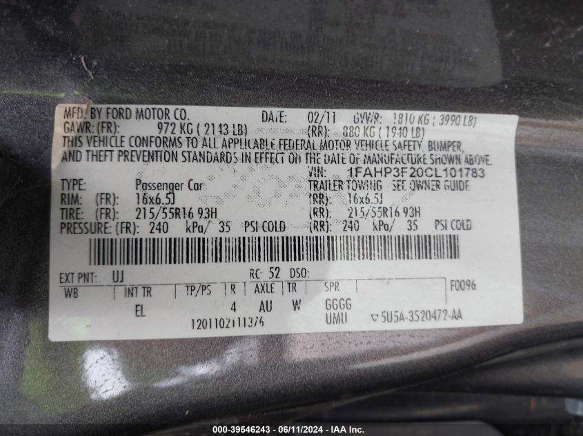 2012 Ford Focus Se VIN: 1FAHP3F20CL101783 Lot: 39546243