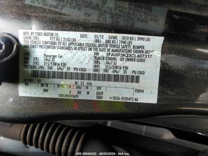 2012 Ford Focus Se VIN: 1FAHP3K23CL407317 Lot: 39546252