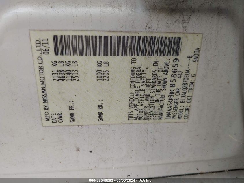 2011 Nissan Maxima 3.5 S VIN: 1N4AA5AP3BC858659 Lot: 39546283