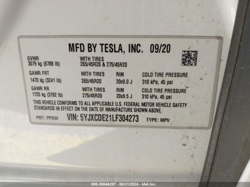 2020 Tesla Model X Long Range Dual Motor All-Wheel Drive/Long Range Plus Dual Motor All-Wheel Drive VIN: 5YJXCDE21LF304273 Lot: 39546297