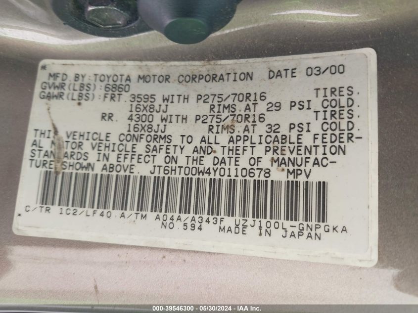 2000 Lexus Lx 470 470 VIN: JT6HT00W4Y0110678 Lot: 39546300