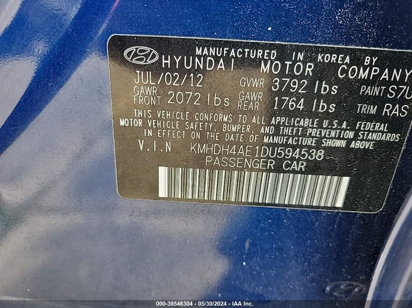 2013 Hyundai Elantra VIN: KMHDH4AE1DU594538 Lot: 39546304