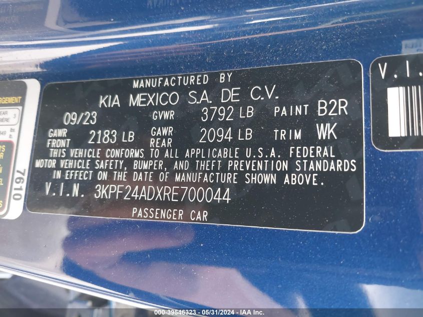 2024 Kia Forte Lxs VIN: 3KPF24ADXRE700044 Lot: 39546323