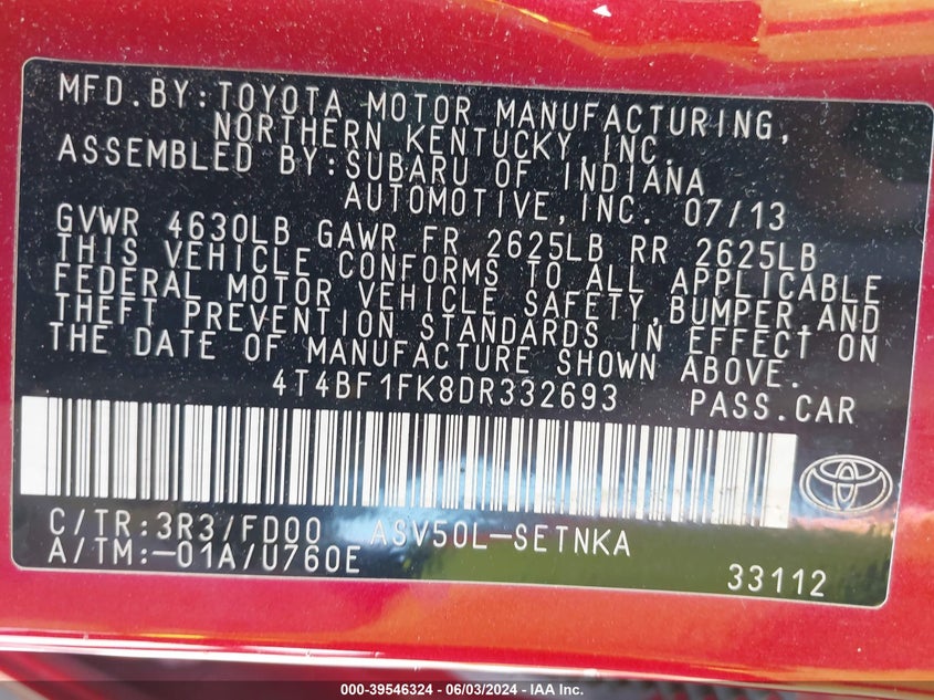 2013 Toyota Camry Le VIN: 4T4BF1FK8DR332693 Lot: 39546324