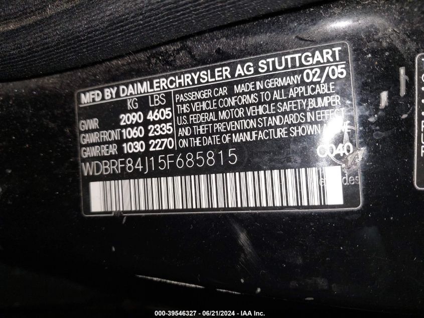 2005 Mercedes-Benz C 320 Luxury 4Matic VIN: WDBRF84J15F685815 Lot: 39546327