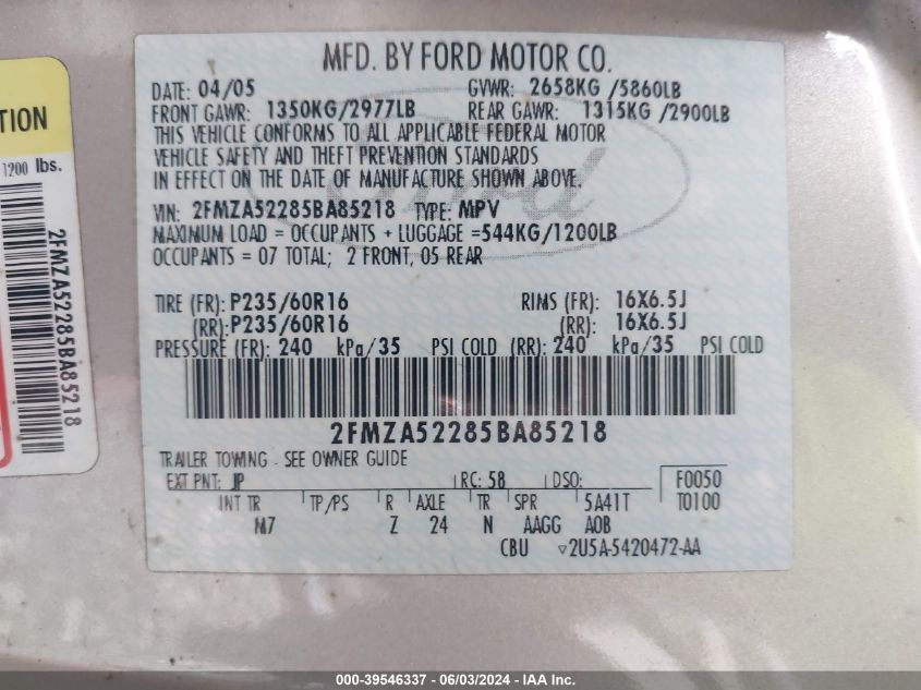 2005 Ford Freestar Sel VIN: 2FMZA52285BA85218 Lot: 39546337