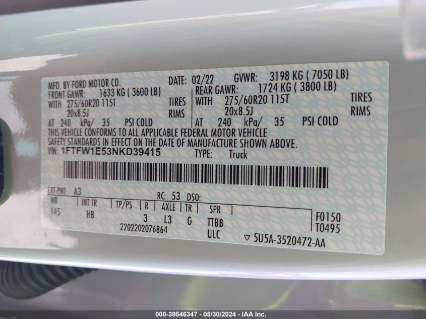 2022 Ford F-150 Lariat VIN: 1FTFW1E53NKD39415 Lot: 39546347