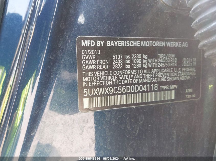 2013 BMW X3 xDrive28I VIN: 5UXWX9C56D0D04118 Lot: 39546356