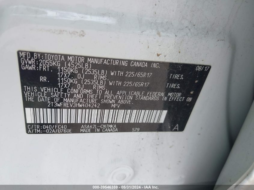 2017 Toyota Rav4 Xle VIN: 2T3WFREV3HW404242 Lot: 39546359