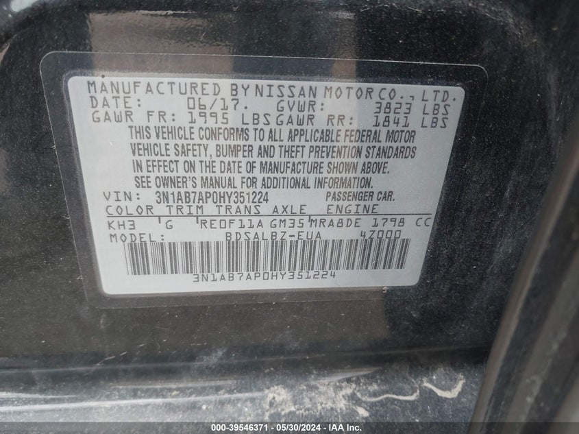 2017 Nissan Sentra S VIN: 3N1AB7AP0HY351224 Lot: 39546371