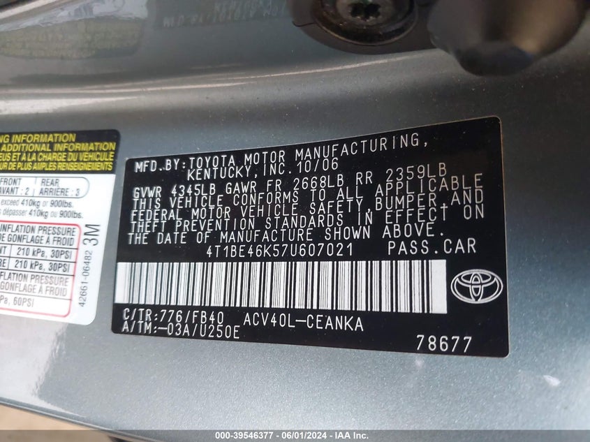 2007 Toyota Camry Ce/Le/Xle/Se VIN: 4T1BE46K57U607021 Lot: 39546377