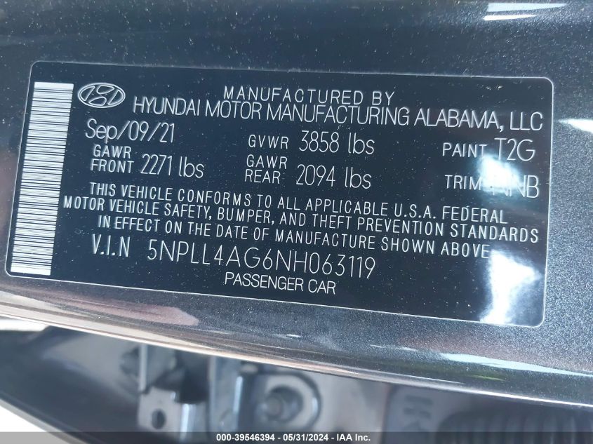 2022 Hyundai Elantra Se VIN: 5NPLL4AG6NH063119 Lot: 39546394