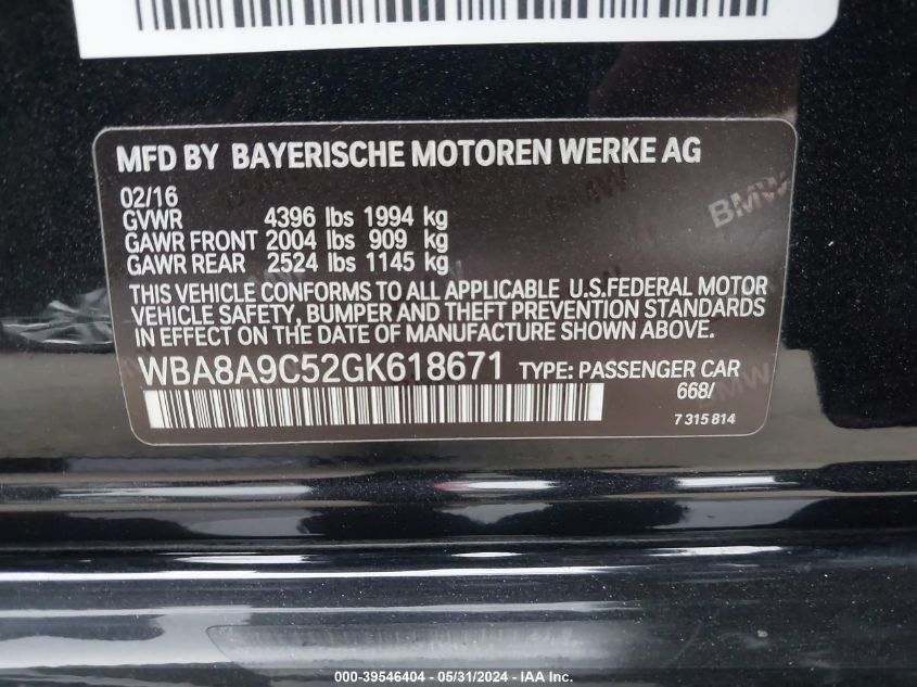 2016 BMW 320I VIN: WBA8A9C52GK618671 Lot: 39546404