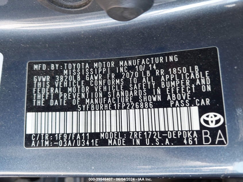 2015 Toyota Corolla L VIN: 5YFBURHE1FP226886 Lot: 39546407