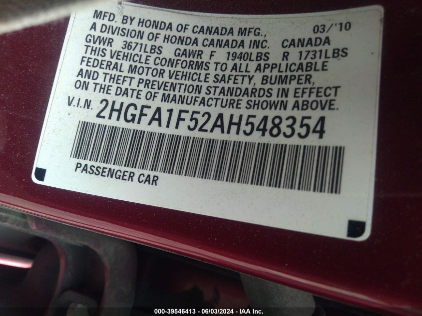 2010 Honda Civic Lx VIN: 2HGFA1F52AH548354 Lot: 39546413
