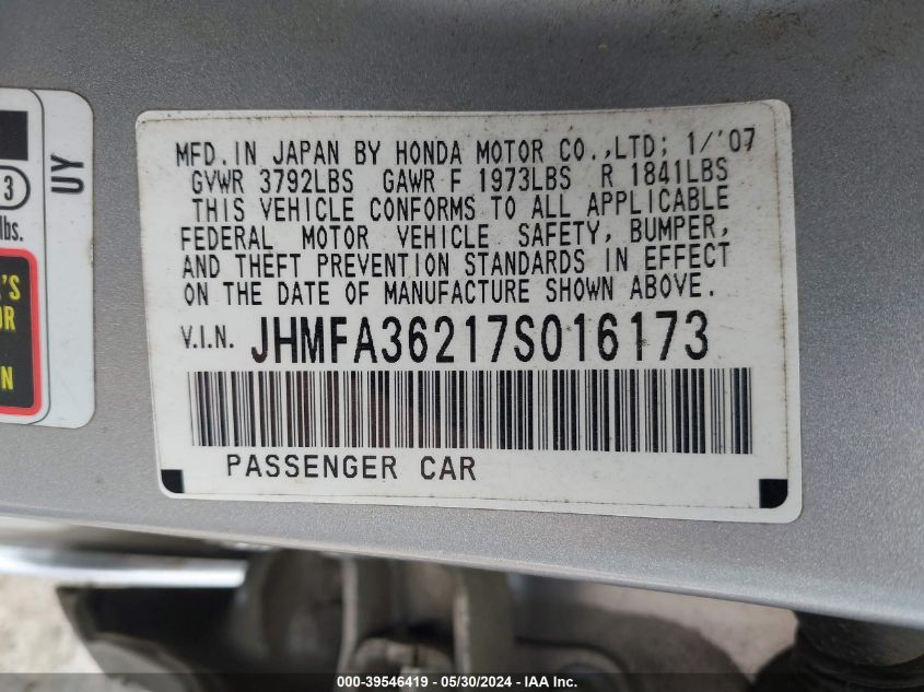 2007 Honda Civic Hybrid VIN: JHMFA36217S016173 Lot: 39546419
