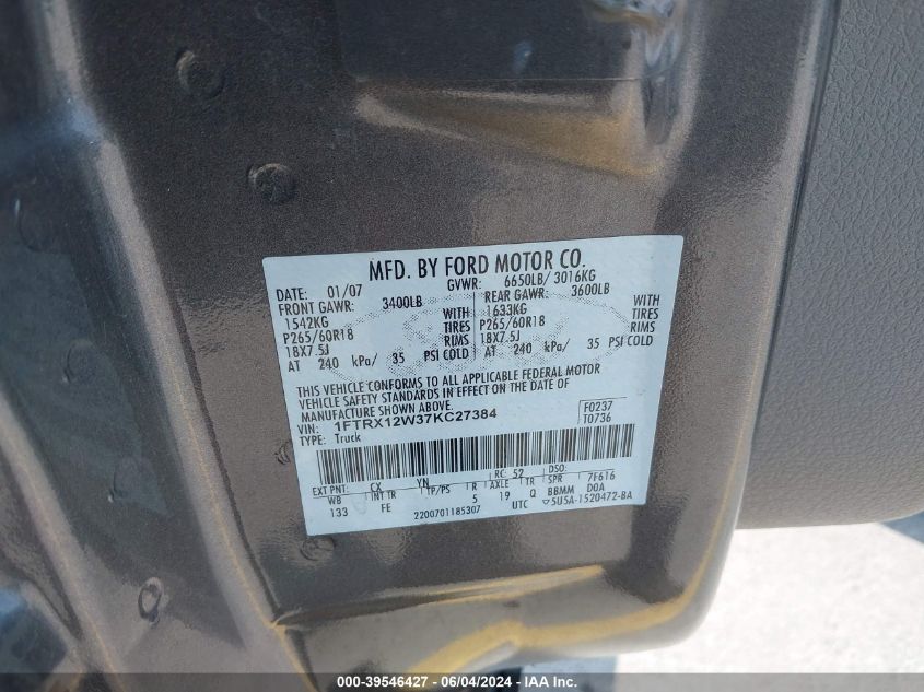 2007 Ford F-150 Stx/Xl/Xlt VIN: 1FTRX12W37KC27384 Lot: 39546427
