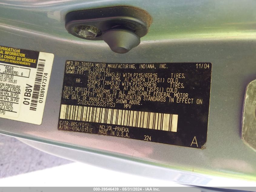 2005 Toyota Sienna Le VIN: 5TDZA23C35S251153 Lot: 39546439