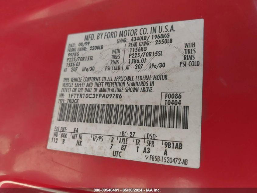 2000 Ford Ranger Xl/Xlt VIN: 1FTYR10C3YPA09786 Lot: 39546481