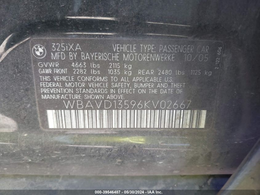 2006 BMW 325Xi Xi VIN: WBAVD13596KV02667 Lot: 39546487