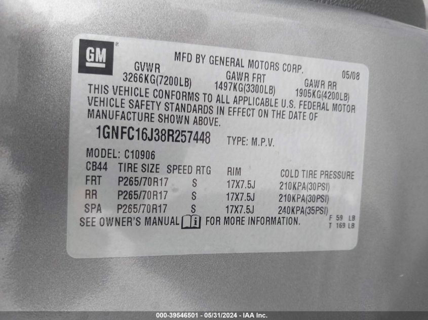 2008 Chevrolet Suburban 1500 Ls VIN: 1GNFC16J38R257448 Lot: 39546501
