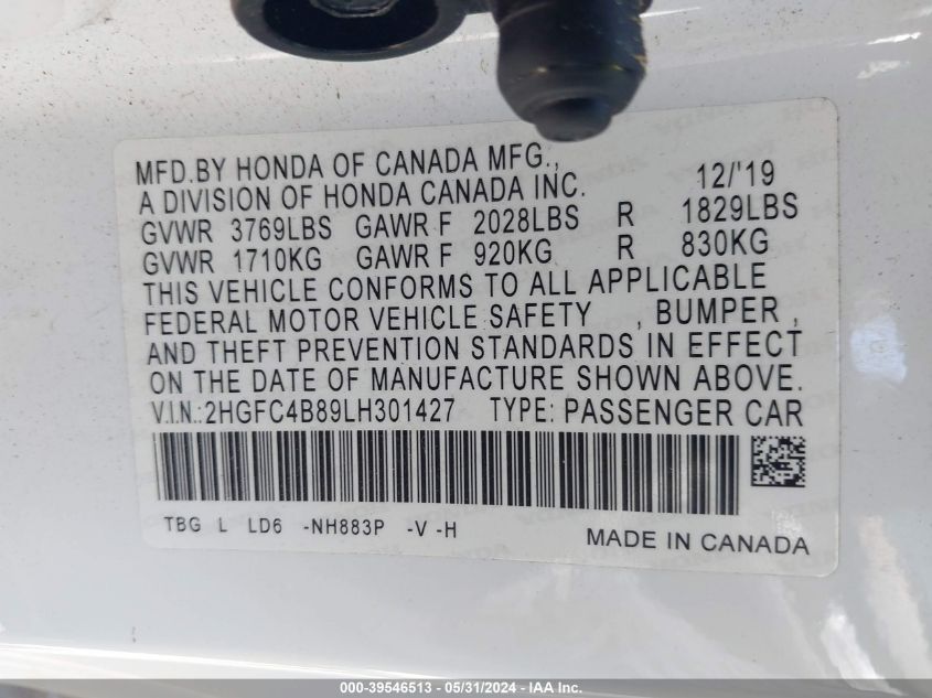 2020 Honda Civic Sport VIN: 2HGFC4B89LH301427 Lot: 39546513