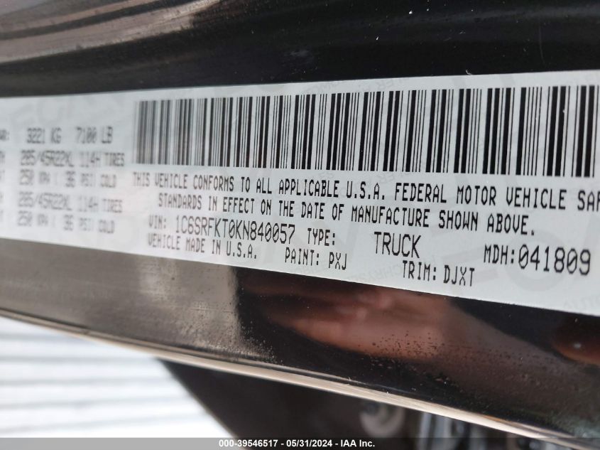 2019 Ram 1500 Longhorn 4X4 5'7 Box VIN: 1C6SRFKT0KN840057 Lot: 39546517