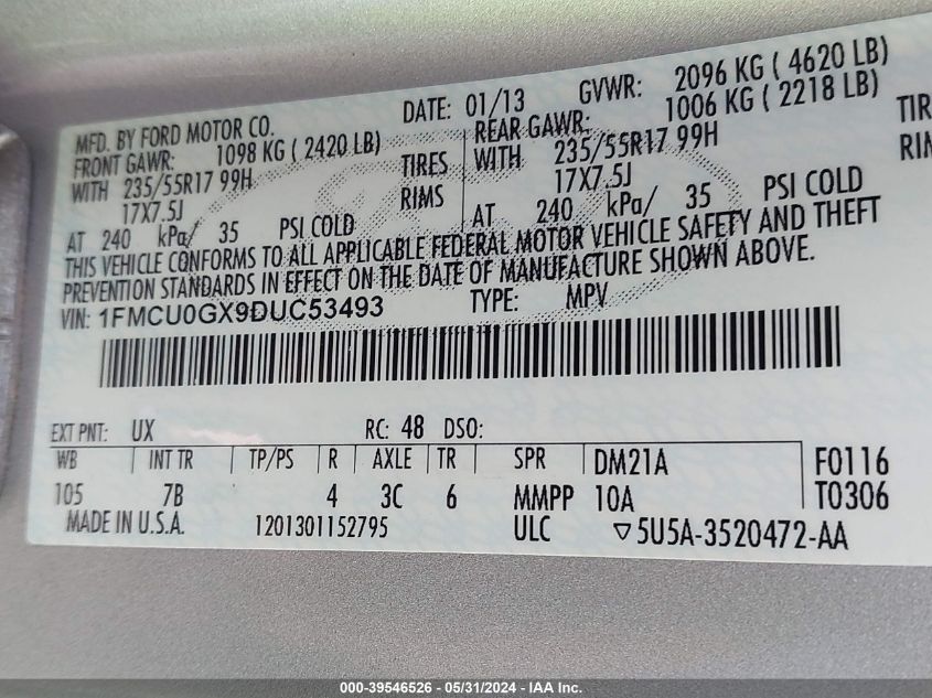 2013 Ford Escape Se VIN: 1FMCU0GX9DUC53493 Lot: 39546526