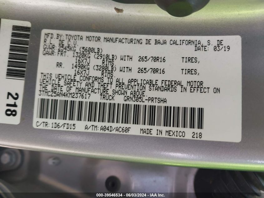 2019 Toyota Tacoma Trd Off Road VIN: 3TMCZ5AN4KM237617 Lot: 39546534