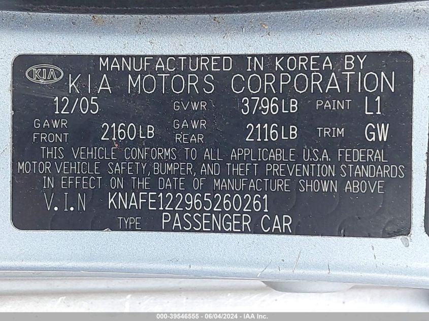 2006 Kia Spectra Ex/Lx/Sx VIN: KNAFE122965260261 Lot: 39546555