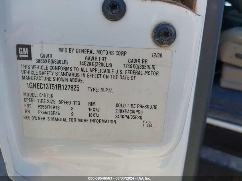 2001 Chevrolet Tahoe Ls VIN: 1GNEC13T51R127825 Lot: 39546563