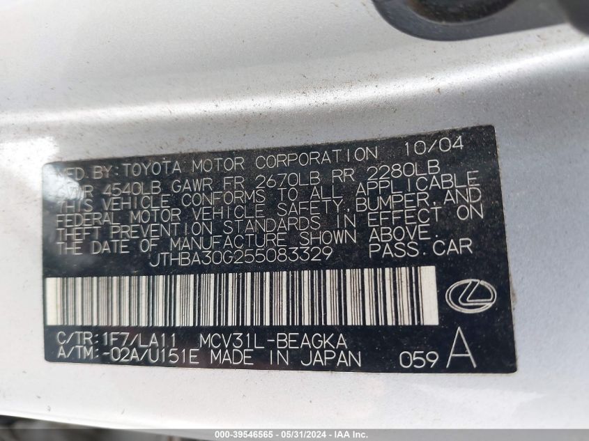 2005 Lexus Es 330 VIN: JTHBA30G255083329 Lot: 39546565