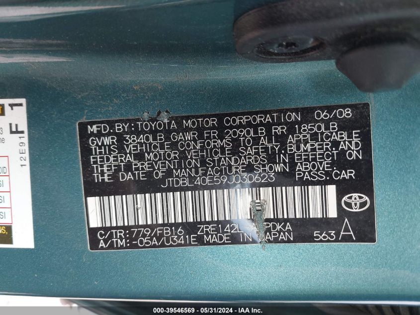 2009 Toyota Corolla Le VIN: JTDBL40E59J030623 Lot: 39546569