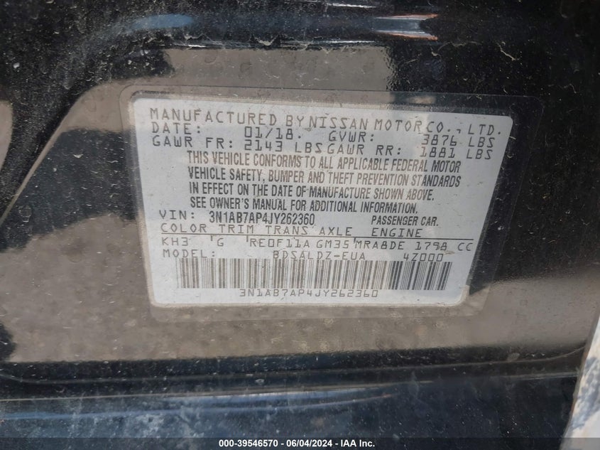 2018 Nissan Sentra Sv VIN: 3N1AB7AP4JY262360 Lot: 39546570