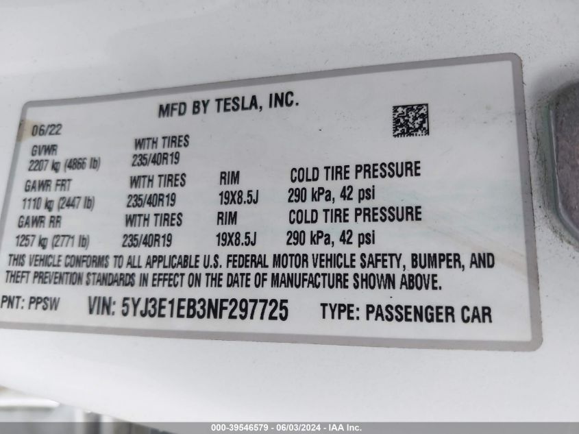 2022 Tesla Model 3 Long Range Dual Motor All-Wheel Drive VIN: 5YJ3E1EB3NF297725 Lot: 39546579