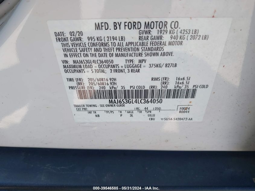 2020 Ford Ecosport Se VIN: MAJ6S3GL4LC364050 Lot: 39546585